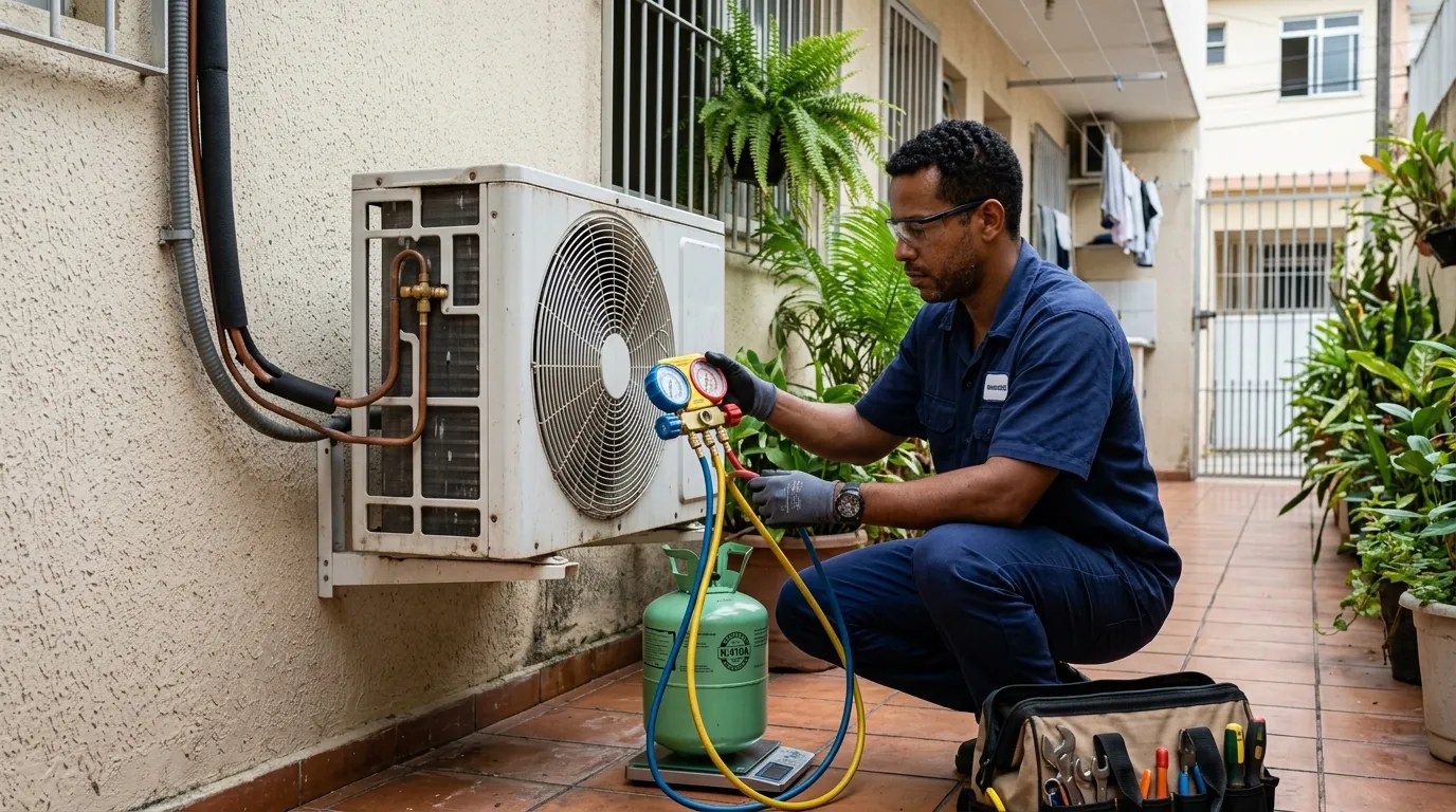 Técnico fazendo carga de gás na condensadora do ar-condicionado em Aparecida de Goiânia‑GO