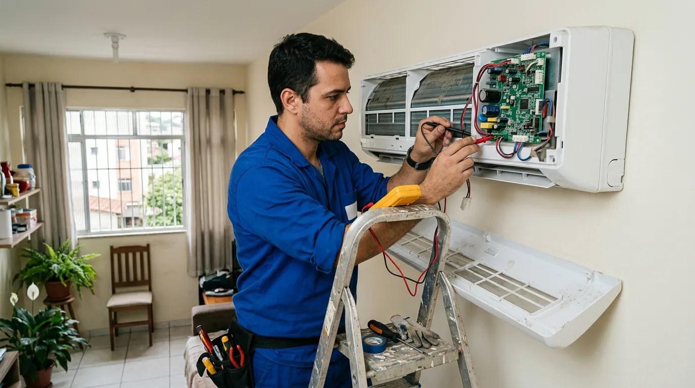 Técnico trocando a placa eletrônica de ar-condicionado split em Aparecida de Goiânia‑GO