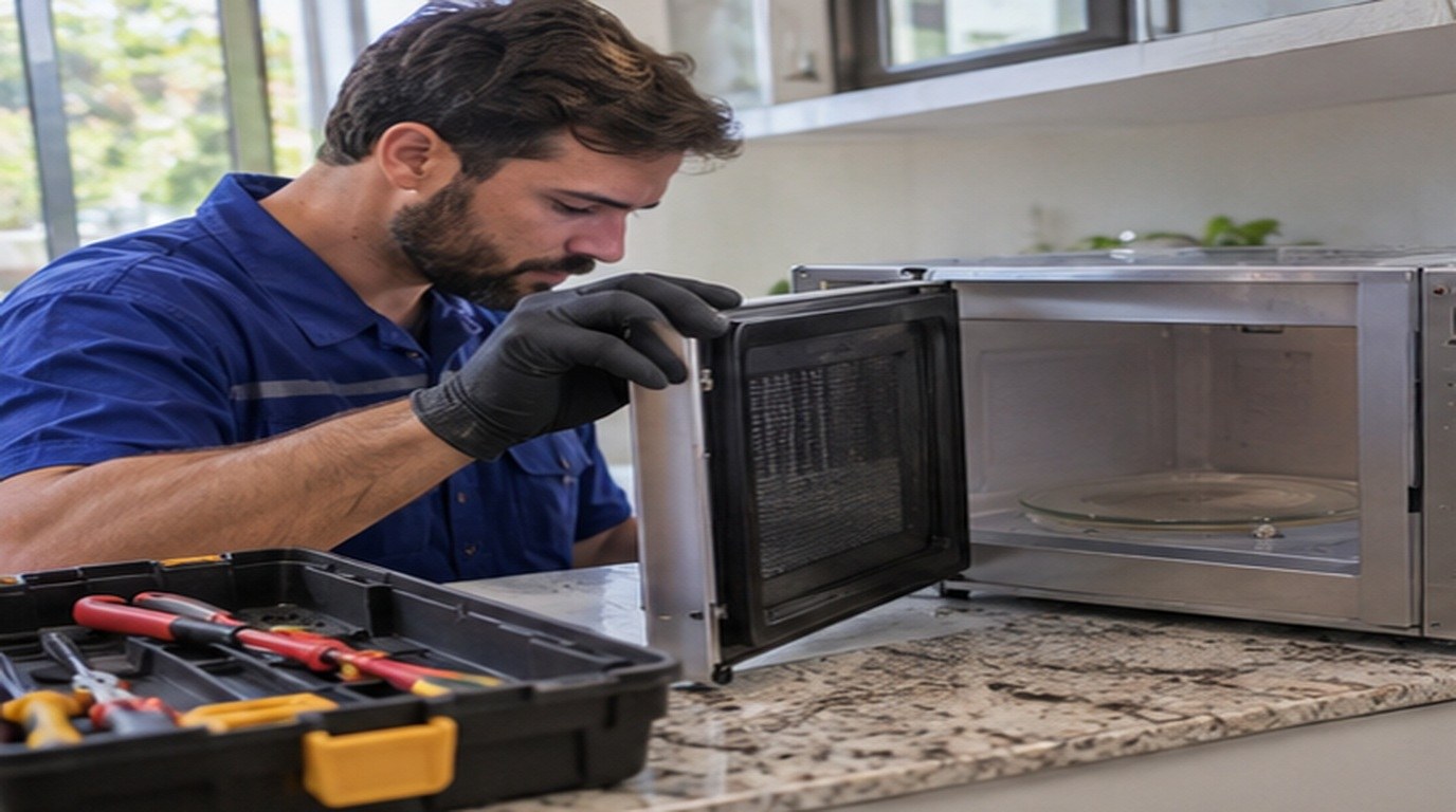 Conserto de micro-ondas em Aparecida de Goiânia‑GO: técnico abrindo um micro-ondas de bancada