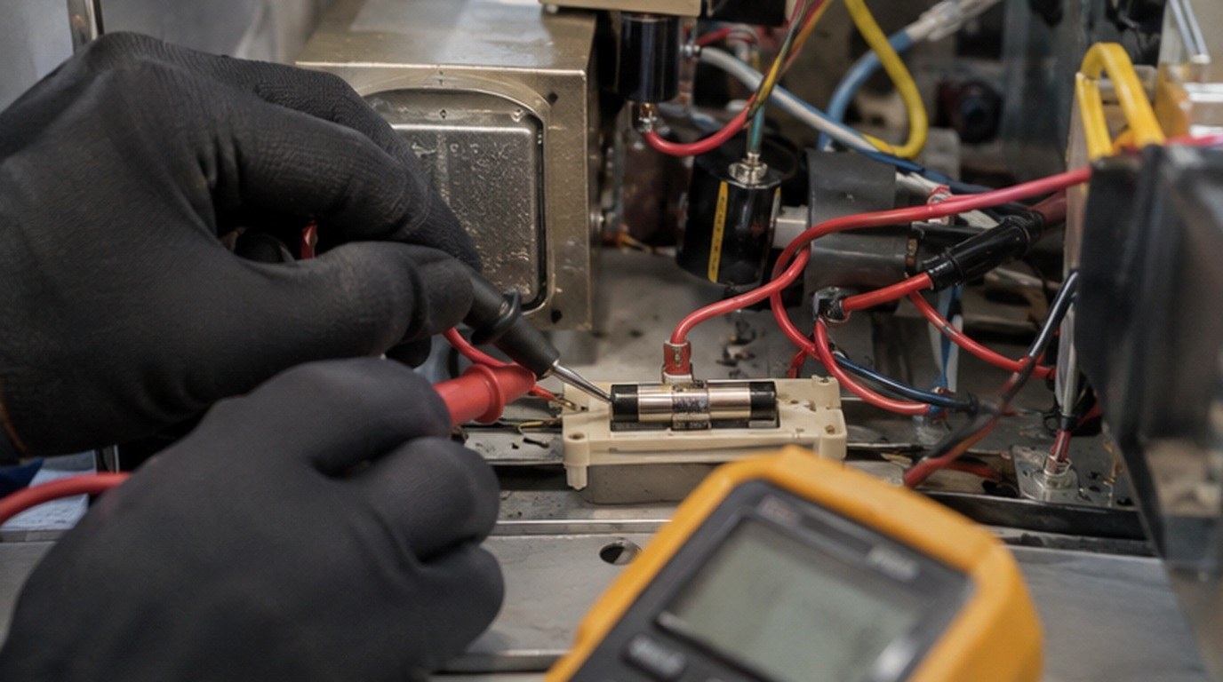 Conserto de micro-ondas em Aparecida de Goiânia‑GO: teste do fusível e do diodo de alta tensão