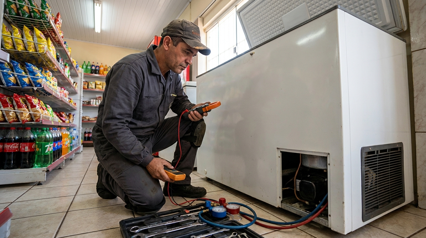 Reparo da placa eletrônica de um freezer em atendimento na Morada dos Pássaros, Aparecida de Goiânia‑GO