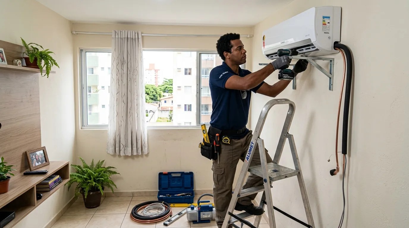 Técnico instalando ar-condicionado split em residência em Aparecida de Goiânia‑GO