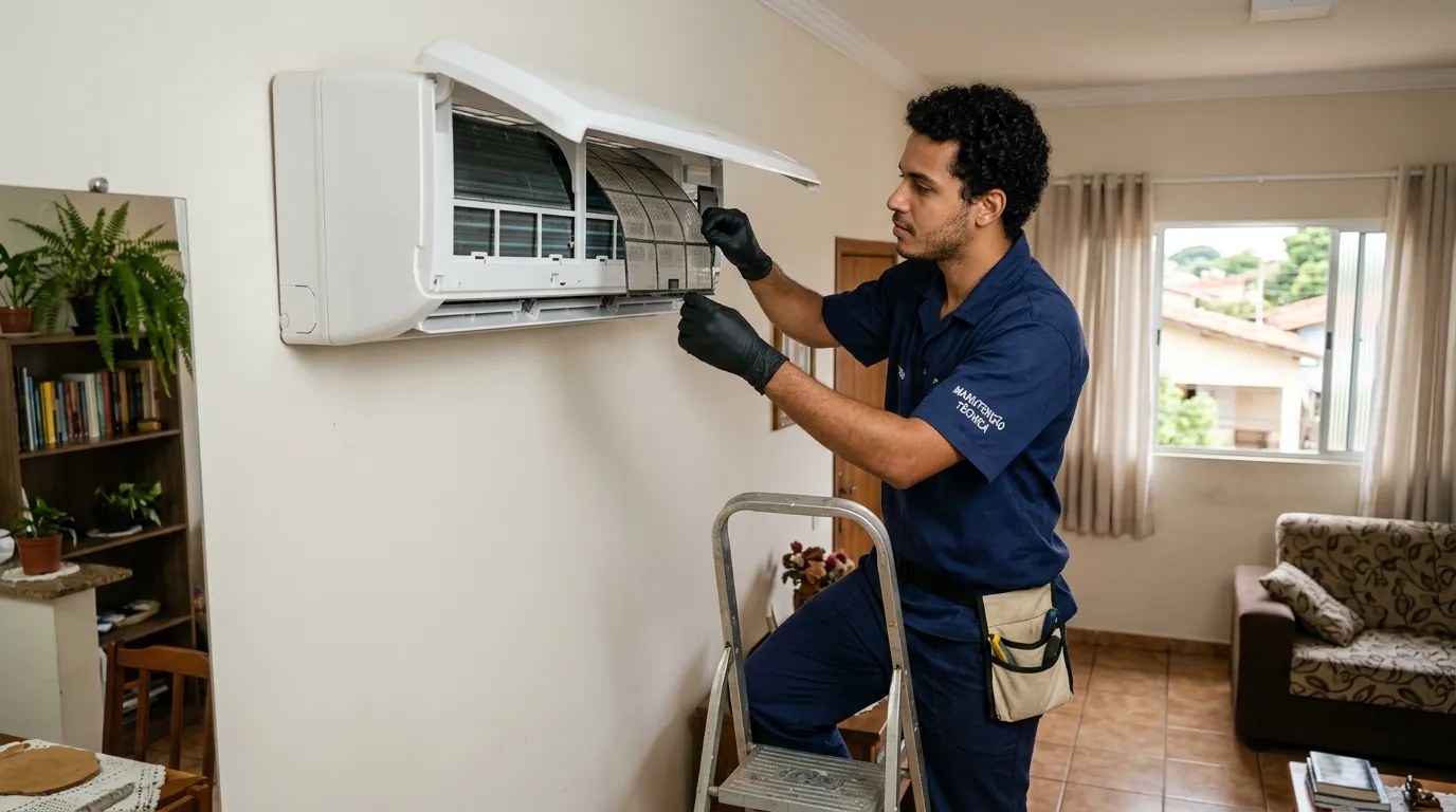 Técnico fazendo limpeza e higienização de ar-condicionado split em Aparecida de Goiânia‑GO