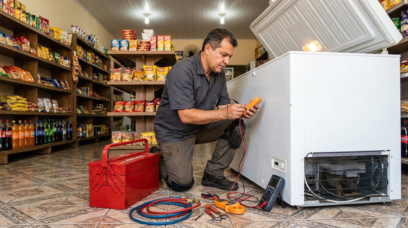 Manômetro conectado ao circuito durante recarga de gás de freezer na Morada dos Pássaros, Aparecida de Goiânia‑GO
