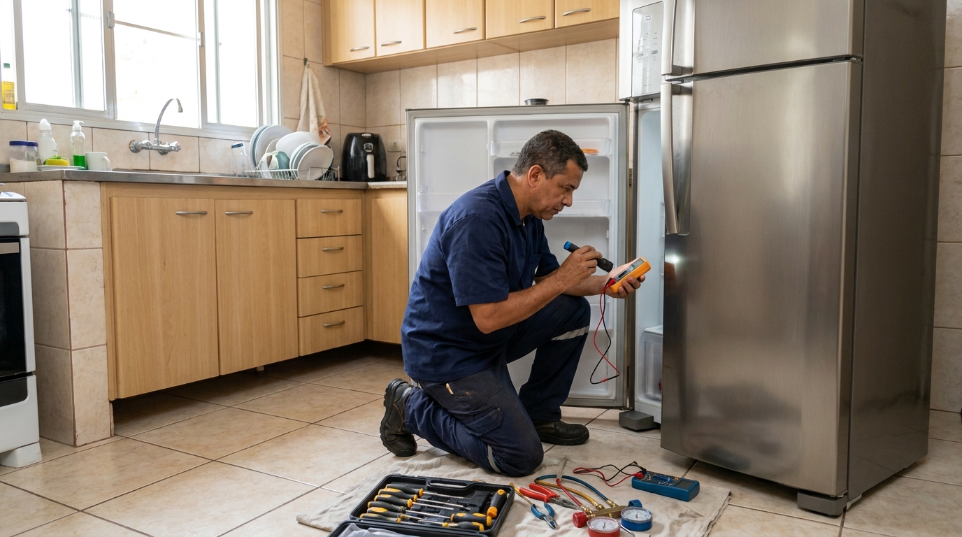 Técnico fazendo recarga de gás em geladeira de cliente no Expansul, Aparecida de Goiânia‑GO