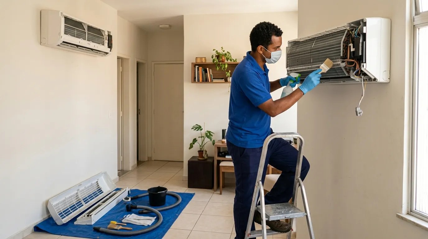 Técnico fazendo manutenção de ar-condicionado split em Aparecida de Goiânia‑GO