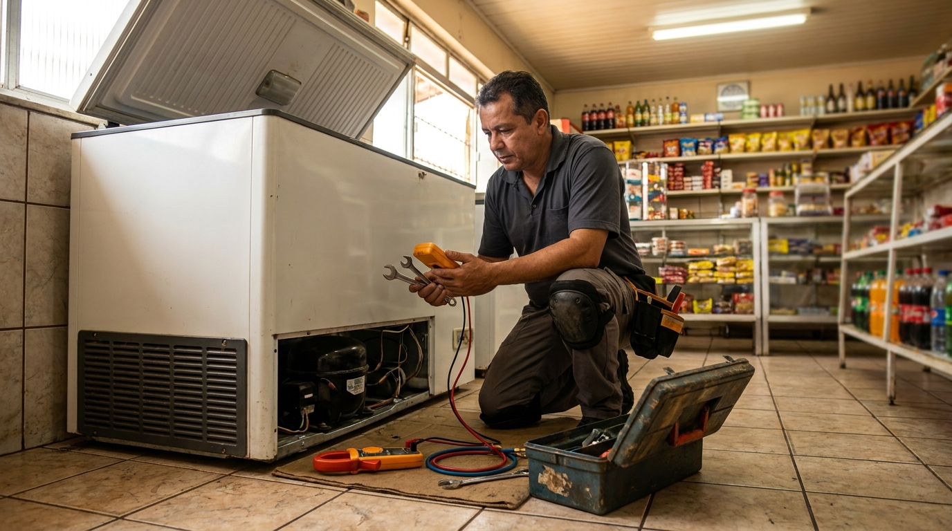 Técnico avaliando um freezer vertical durante atendimento na Morada dos Pássaros, Aparecida de Goiânia‑GO
