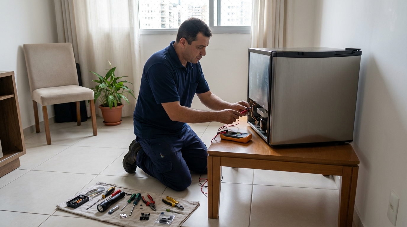 Técnico avaliando um frigobar compacto durante atendimento no Setor Santo André, Aparecida de Goiânia‑GO