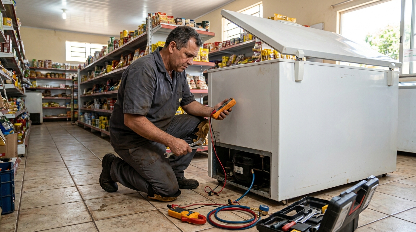 Substituição do termostato de um freezer durante visita técnica na Morada dos Pássaros, Aparecida de Goiânia‑GO
